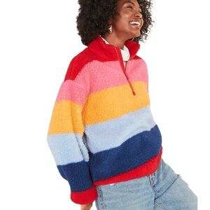 Old Navy Multicolor Colorblock Striped Sherpa Pullover. Size L. Zipper Pull.
